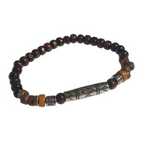 Wood Beaded Bracelet Tribal Accent Stretchable Brown Silver Mixed Material Gift
